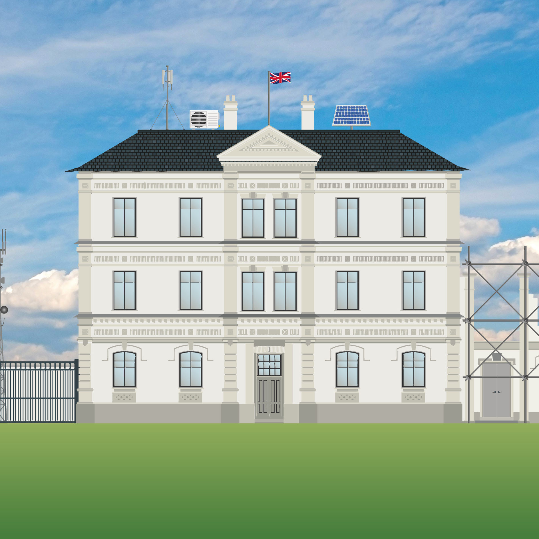Grand looking embassy with Union Jack flag and solar panels on it's roof. Illustration.